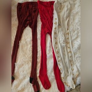 Set of Three Cozy Tights in Red, maroon, and Cream with Gold leaves 5-7